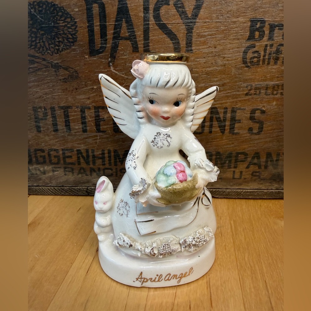 Vtg Napco April Angel Spaghetti Ceramic Easter Bunny & Easter Eggs Made in Japan